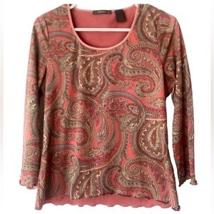 Liz Claiborne Blouse Paisley Peach and Tan Crew Neck Scalloped Hem
